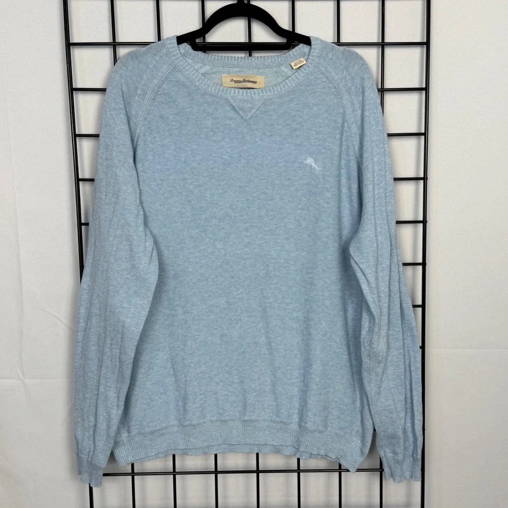 Tommy Bahama Sweater Mens XL Light Blue Cotton Raglan Crewneck Marlin Logo